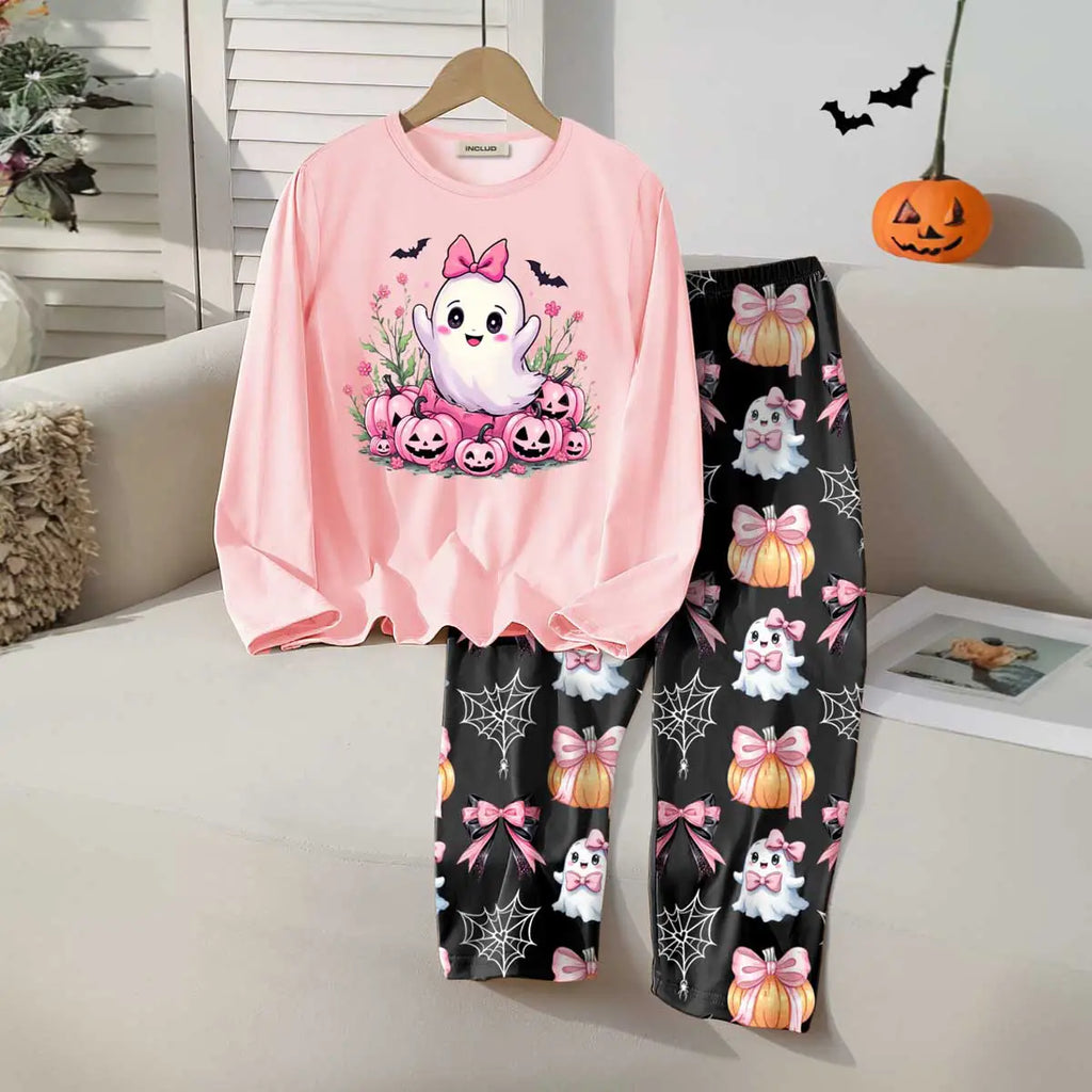 Girls Pink Halloween-themed Printed T-Shirt With Pajama Sets 2 pc. Sets Pink 7-8 Y