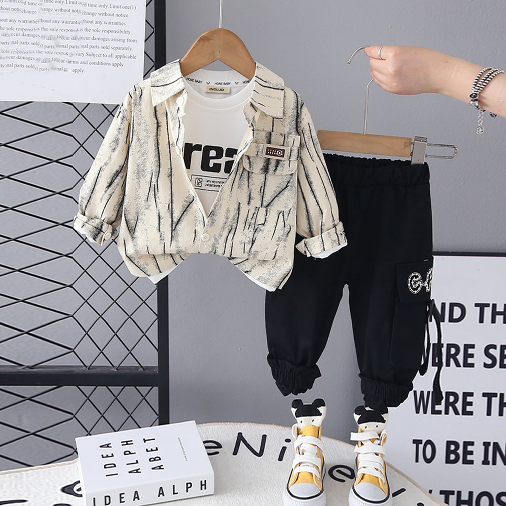 Boys Black Abstract Printed Shirt With Printed T-Shirt & Pants Set Sets Black 1-2 Y