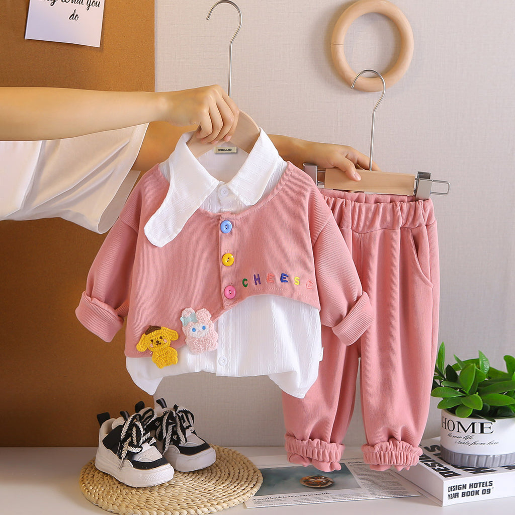 Girls Pink Embroidered Top With Striped Shirt & Joggers Set Sets Pink 1-2 Y