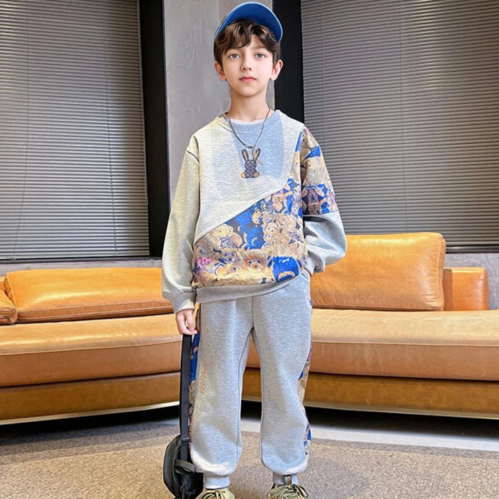 Boys Grey Bear Printed Sweatshirt With Jogger Co-ord Sets Sets Grey 5-6 Y
