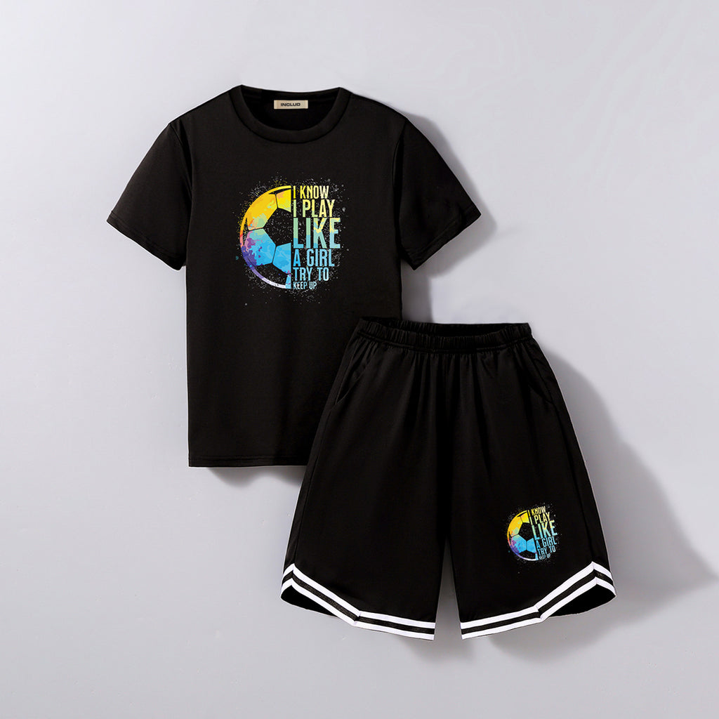 Boys Black Football Printed T-Shirt With Shorts Set 2 pc. Sets Black 7-8 Y