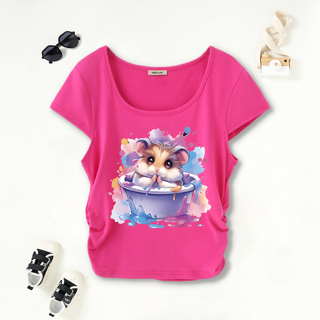 Girls Fuchsia Hamster Graphic Short Sleeves Scoop Neck T-Shirt Tshirts