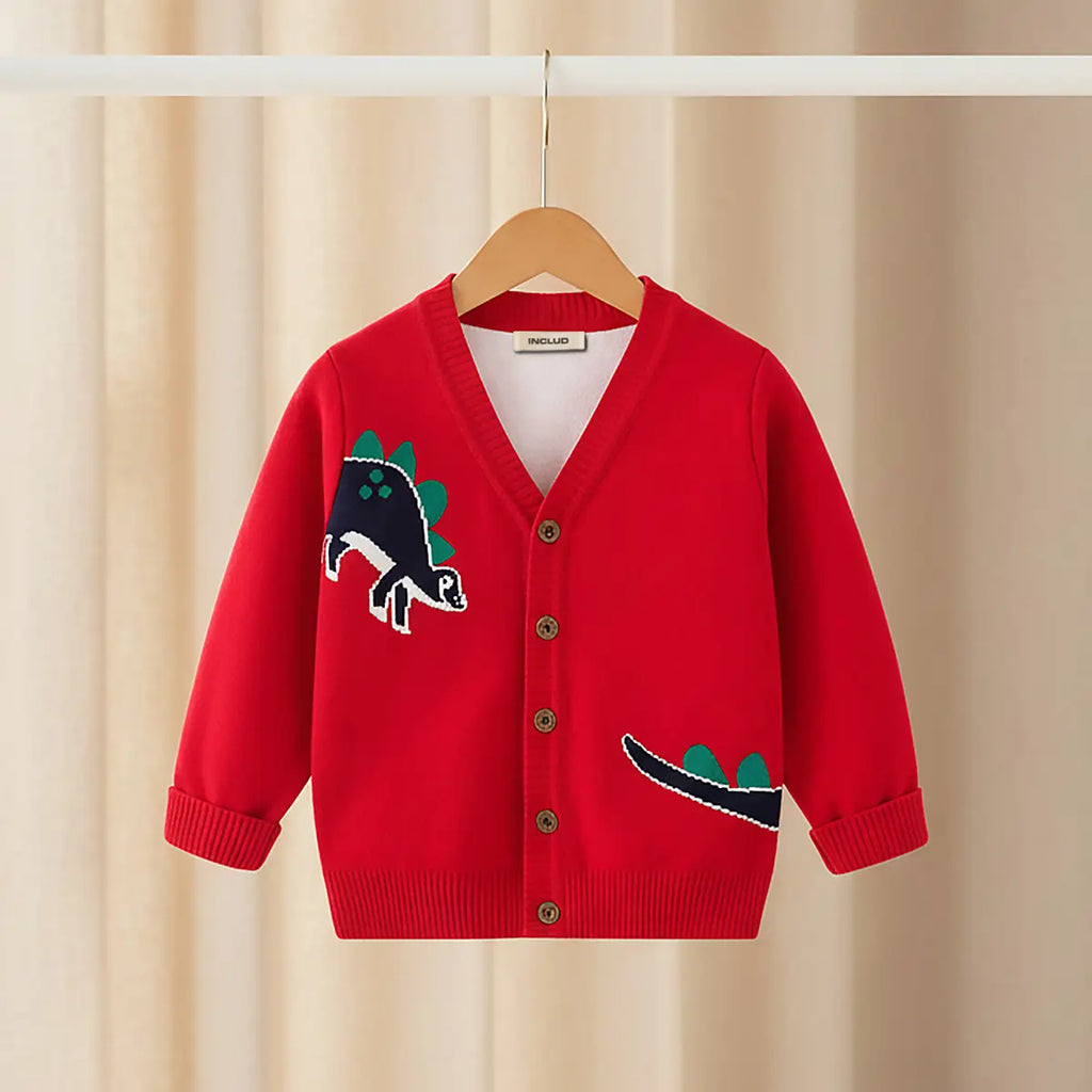 Boys Red Self-Design Dinosaur Pattern Button Down Cardigan Sweaters & Cardigans Red 2-3 Y