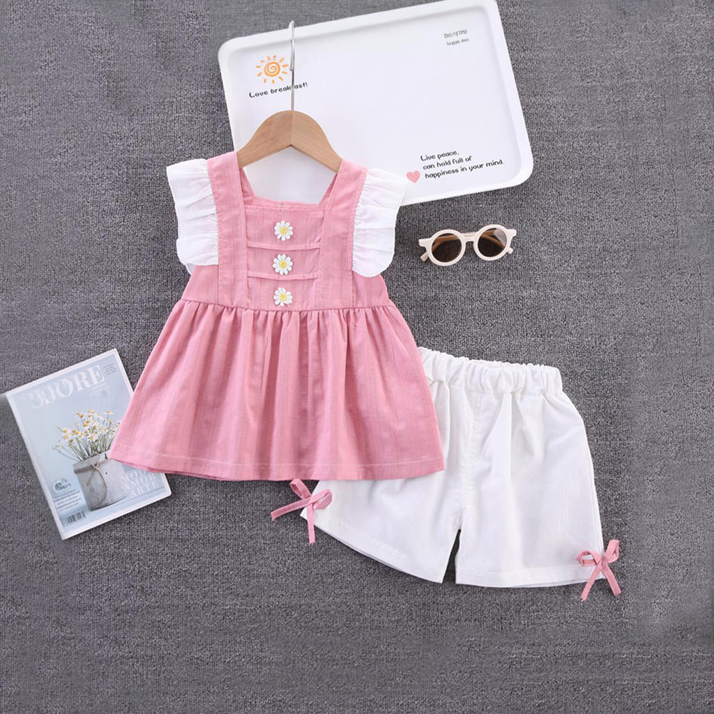 Girls Sleeveless Crochet Flower Top With Shorts 2 pc. Sets Pink 1-2 Y 