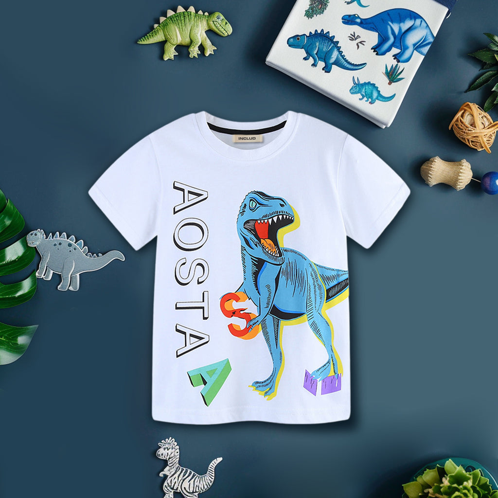 Boys Dinosaur Print Short Sleeves T-Shirt Tshirts White 1-2 Y 