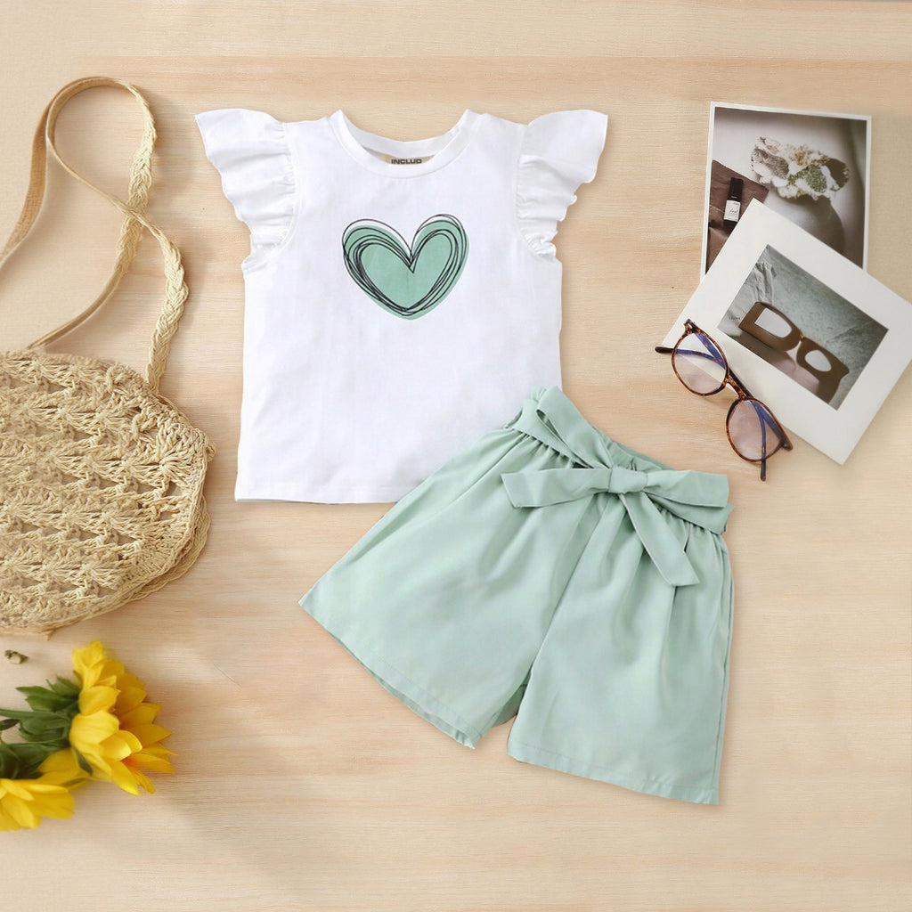 Girls Heart Printed Flutter Sleeves Top With Green Shorts Set 2 pc. Sets