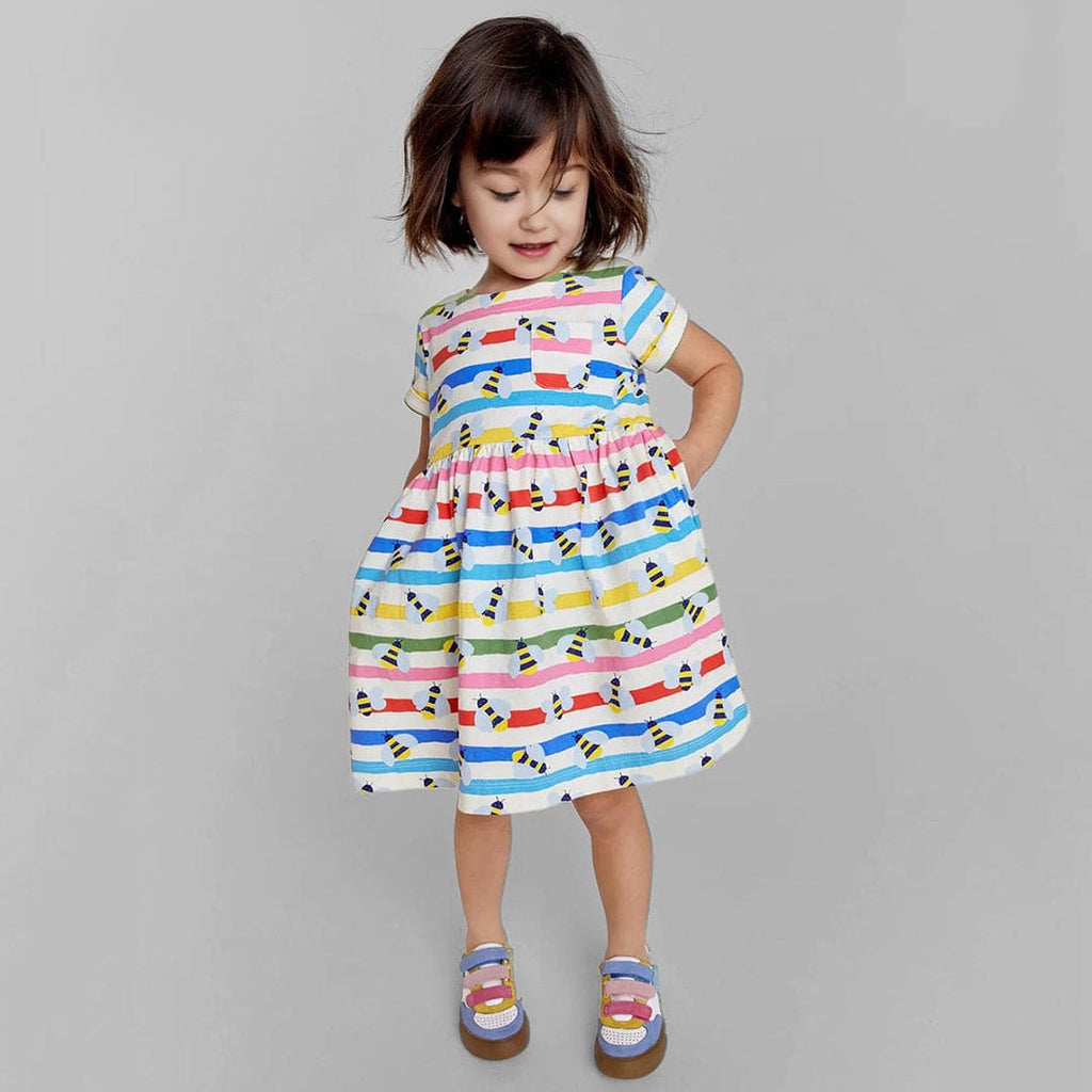 Girls Short Sleeve Multistriped Flared Dress Casual Dresses Multicolor 1-2 Y 