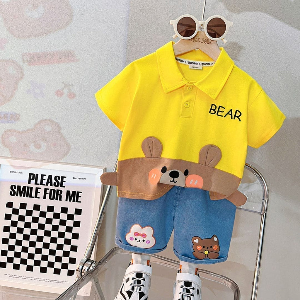 Boys Yellow Bear Embroidery Polo T-Shirt With Denim Shorts (Copy) Sets Yellow 1-2 Y