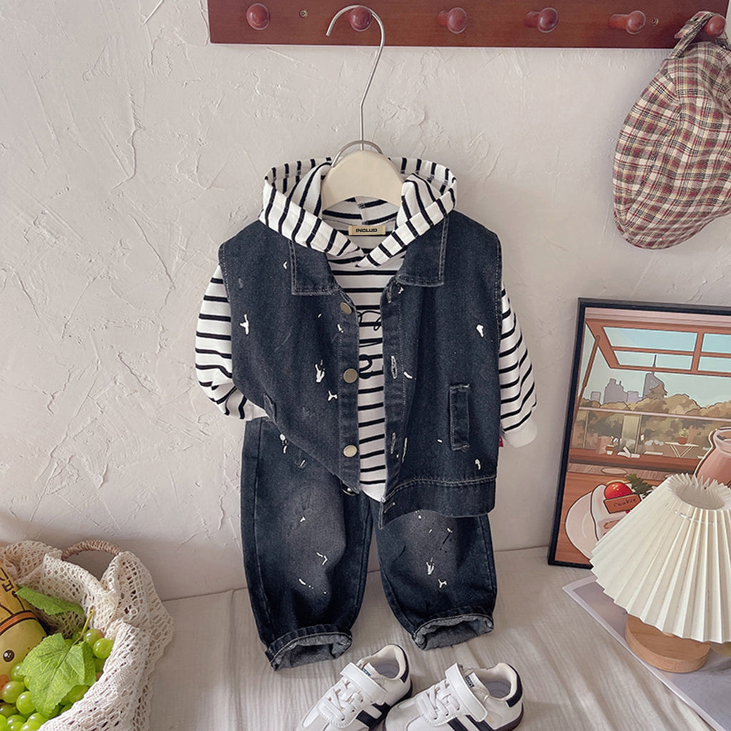 Boys Black Denim Abstract Printed Sleeveless Jacket With T-Shirt & Pants Set Sets Black 1-2 Y