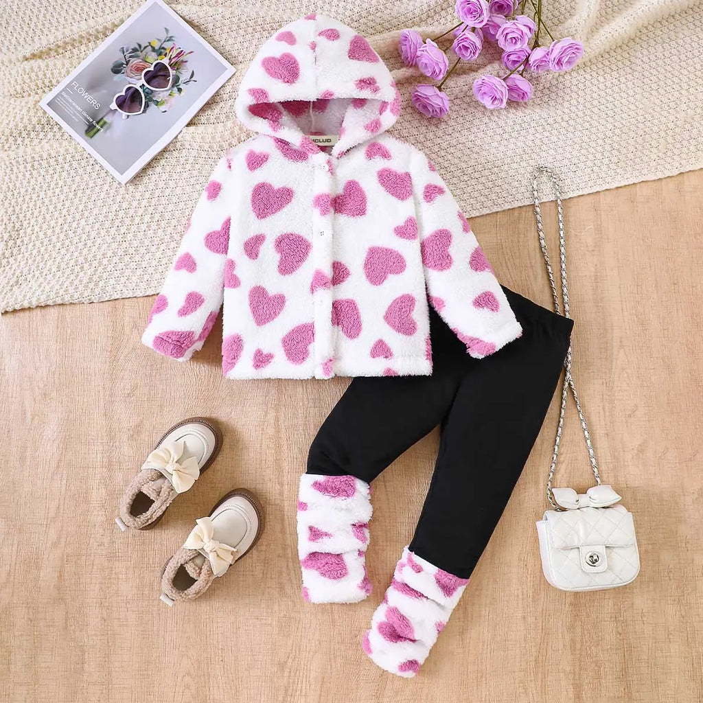 Girls White Heart Printed Hooded Jacket With Legging Set 2 pc. Sets White 3-4 Y