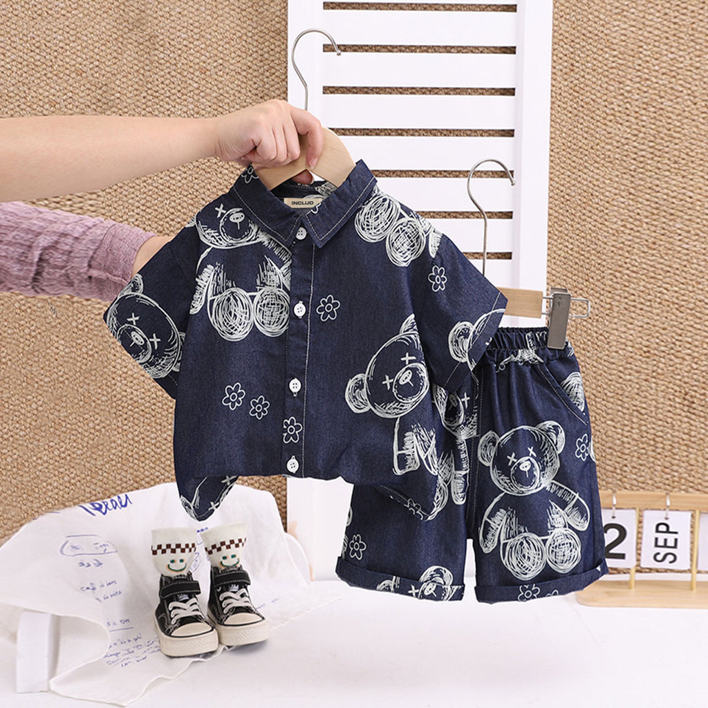 Boys Blue Teddy Printed Denim Shirt And Shorts Set 2 pc. Sets Blue 1-2 Y