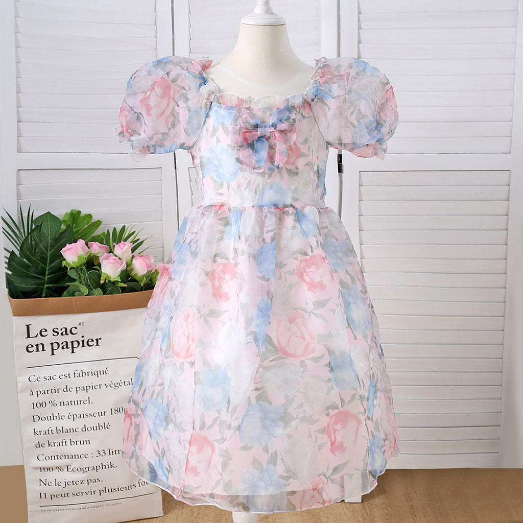 Girls Multicolor Puff Sleeve Floral Print Fit & Flare Dress Casual Dresses Multicolor 8-9 Y