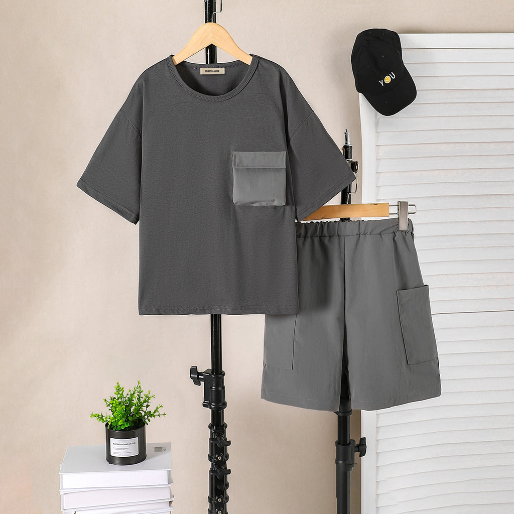 Boys Dark Grey Short Sleeves Front Pocket T-Shirt With Shorts Set 2 pc. Sets