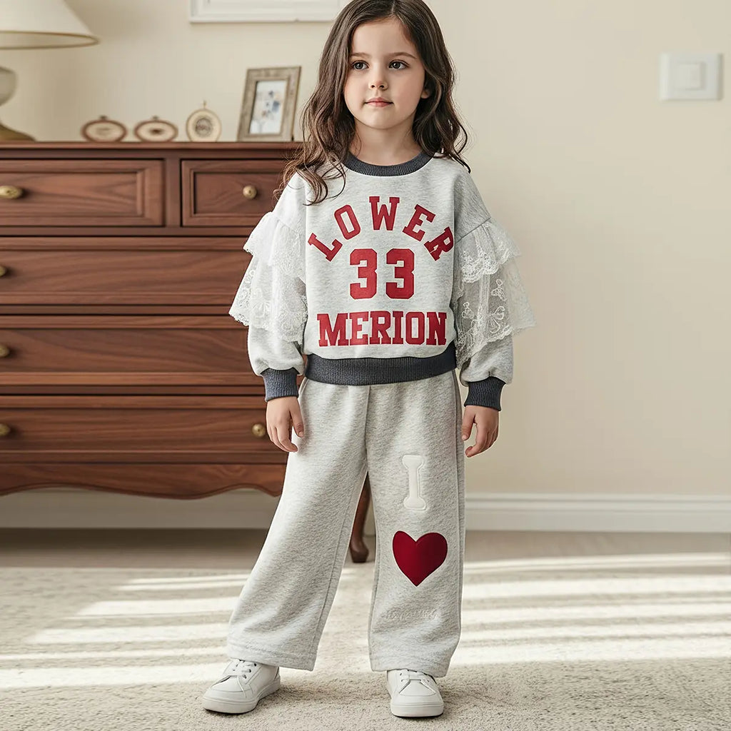 Girls Light Grey Alphanumeric Printed Sweatshirt & Pant Sets Sets Light Grey 1-2 Y