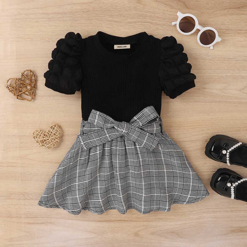 Girls Short Sleeve Knitted Top With Plaid Skirt Set 2 pc. Sets Gray 1-2 Y 