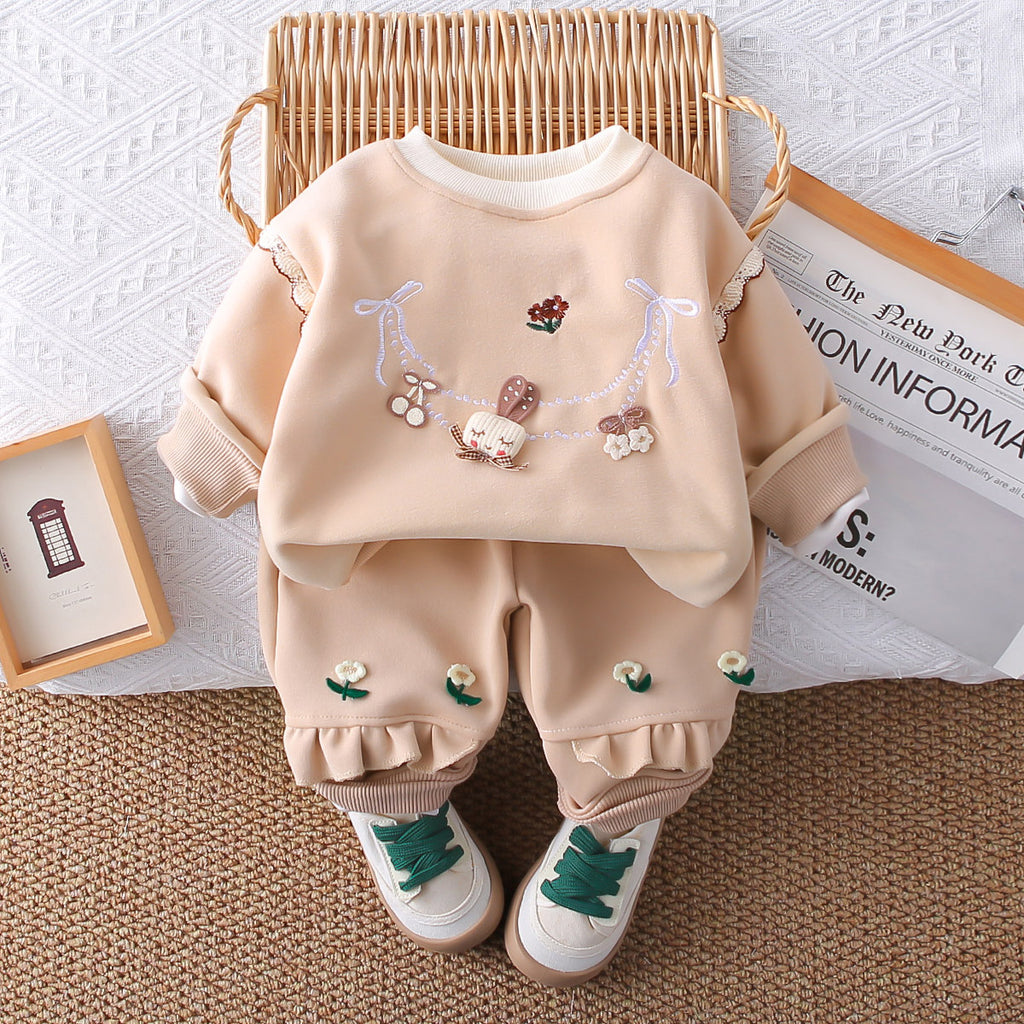 Girls Beige Embroidered Sweatshirt with Joggers Set Sets Beige 1-2 Y
