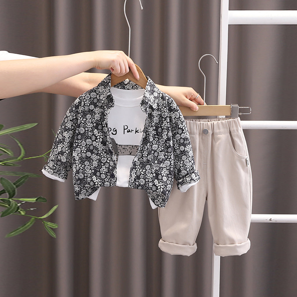 Boys Black Floral Printed Shirt With T-Shirt & Pants Set Sets Black 1-2 Y