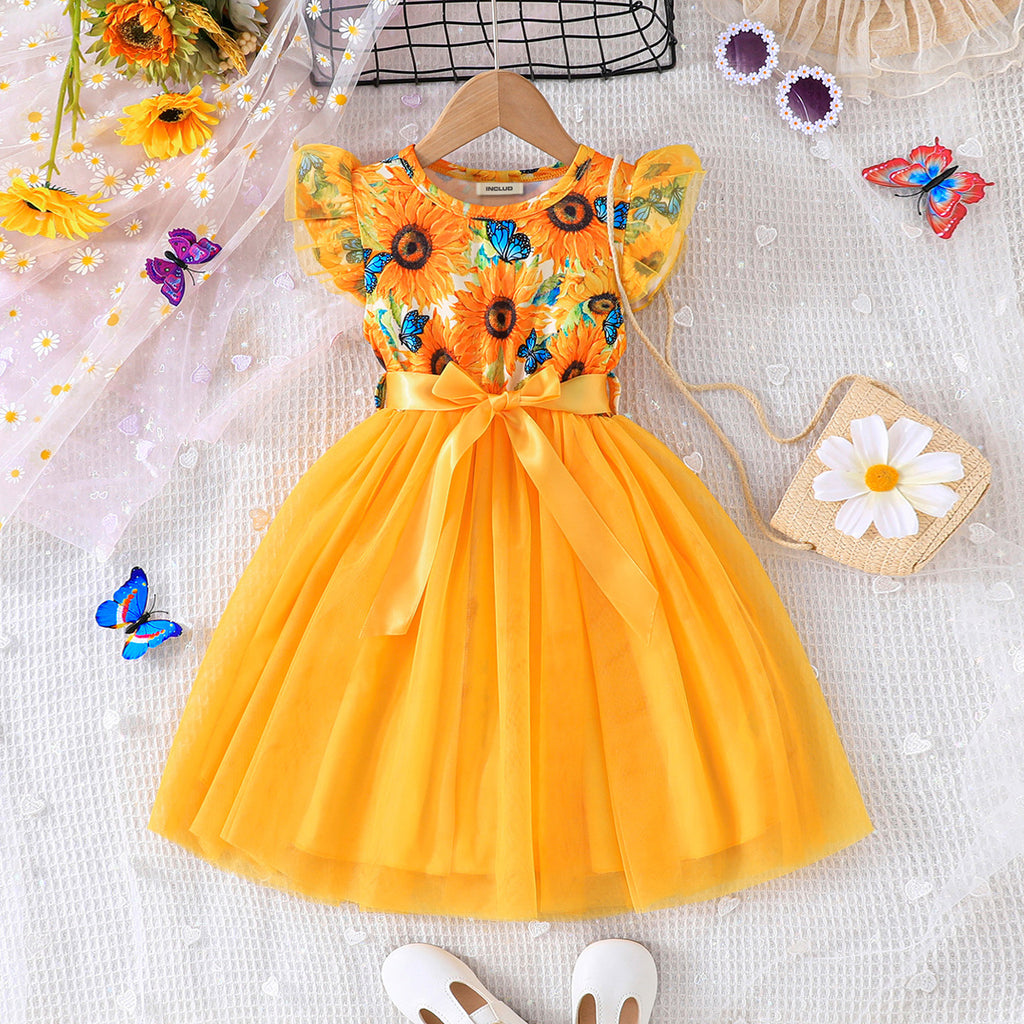 Girls Yellow Floral Butterfly Printed Fit And Flared Dress Casual Dresses Yellow 3-4 Y