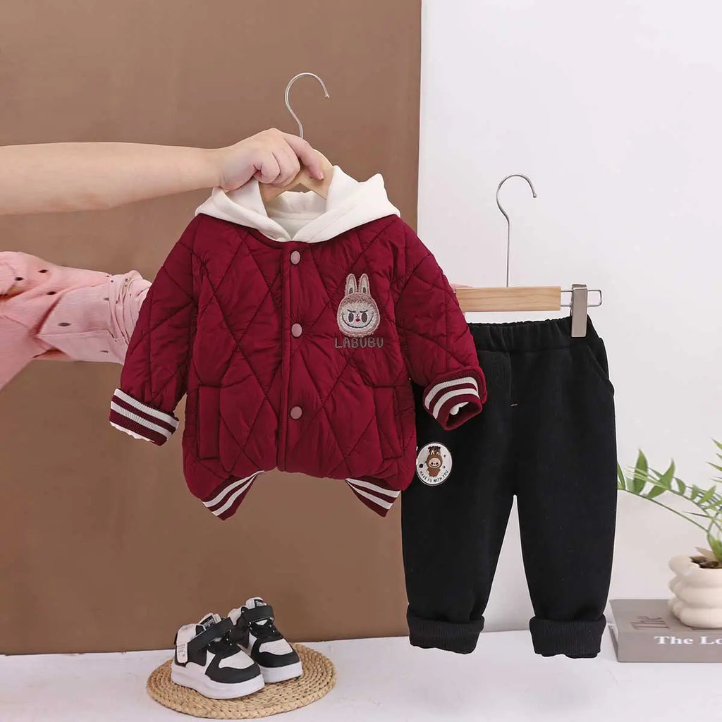 Boys Red Quilted Puffer Hooded Jacket With Jogger Sets Sets Red 1-2 Y
