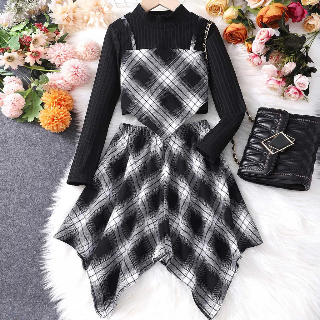 Girls Black Long Sleeves Top With Checked Asymmetric Handkerchief Bottom Skirt Sets Sets Black 7-8 Y
