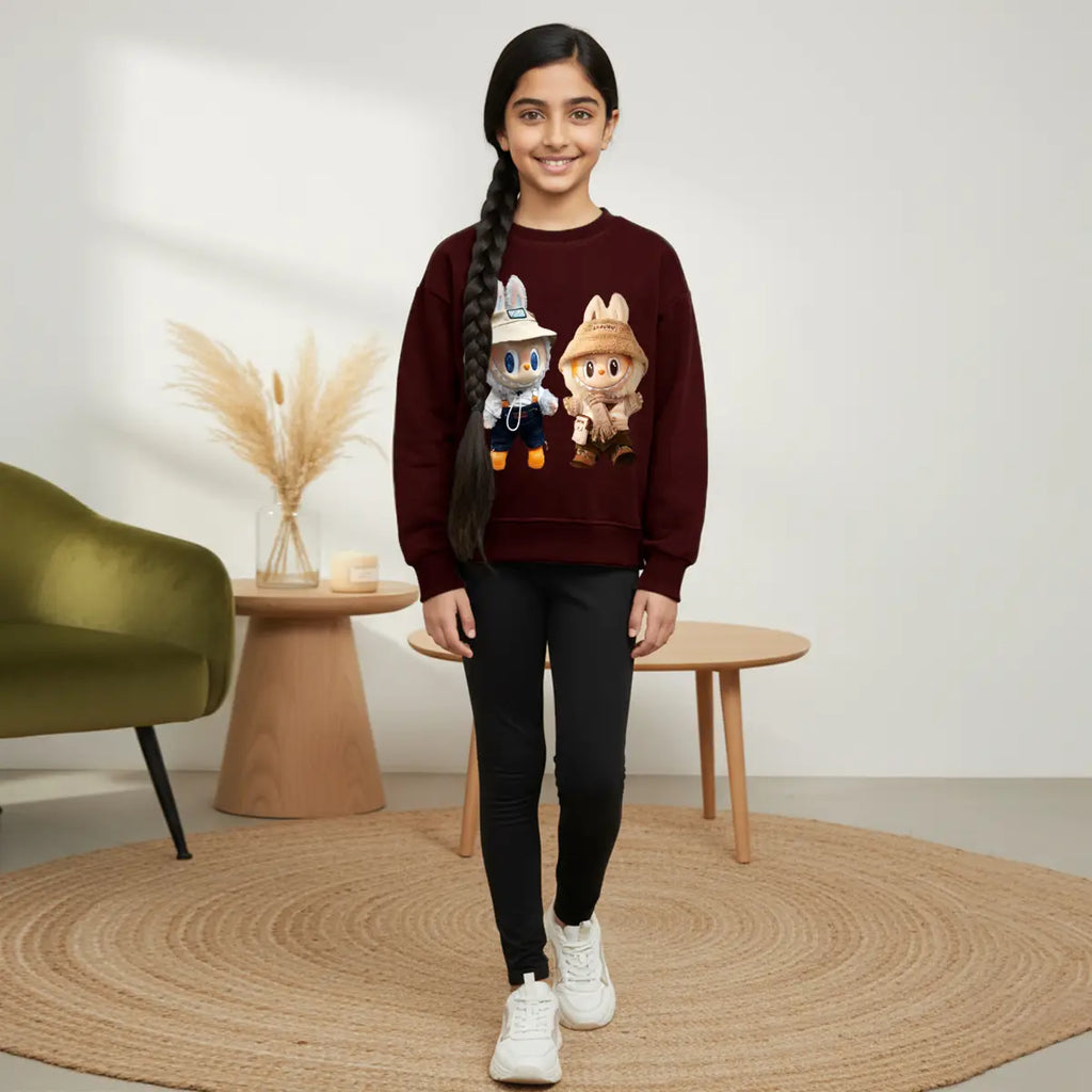 Girls Maroon Labubu Graphics Round Neck Sweatshirt Sweatshirts & Hoodies Maroon 1-2 Y