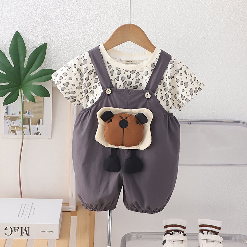 Boys Animal Printe T-Shirt With Dark Grey 3D Appliqued Dungaree Set 2 pc. Sets Dark Grey 1-2 Y