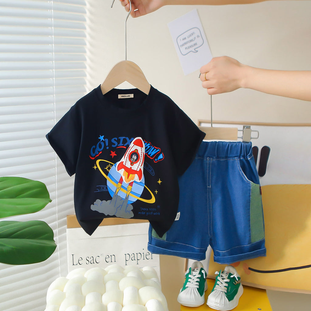 Boys Black Rocket Printed Short Sleeves T-Shirt With Denim Shorts Set 2 pc. Sets Black 1-2 Y