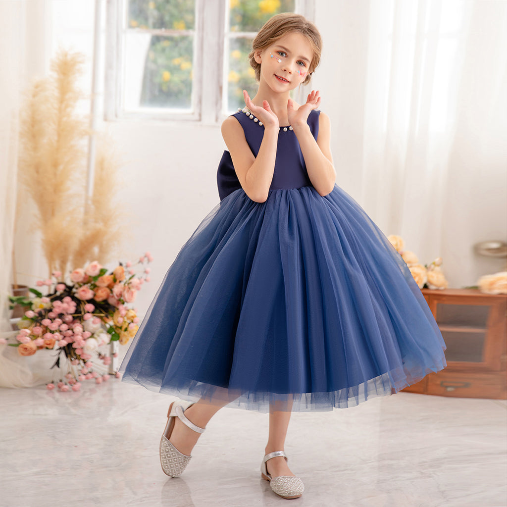 Girls Navy Blue Beaded Neck Party Dress with Statement Back Bow Party Dresses Navy Blue 3-4 Y