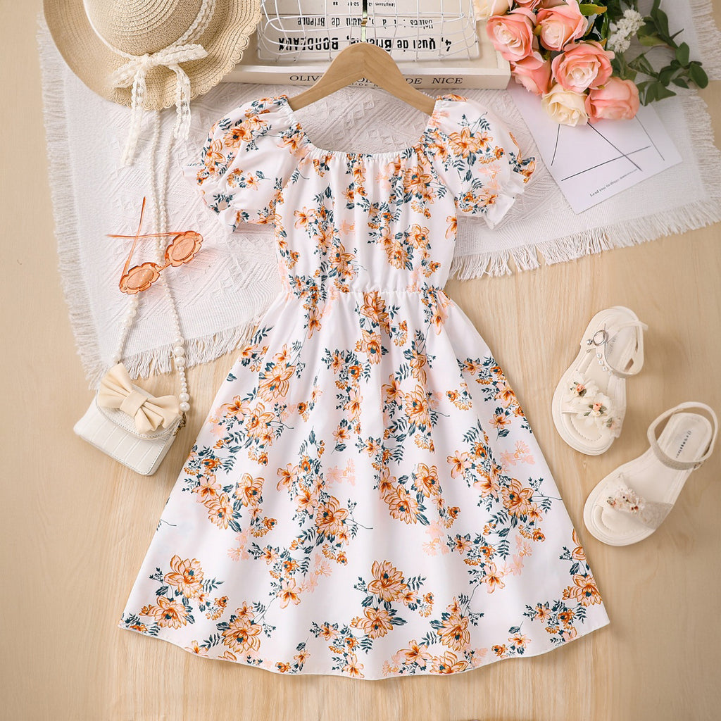 Girls Multicolor Floral Printed Scoop Neck Fit & Flare Casual Dress Casual Dresses