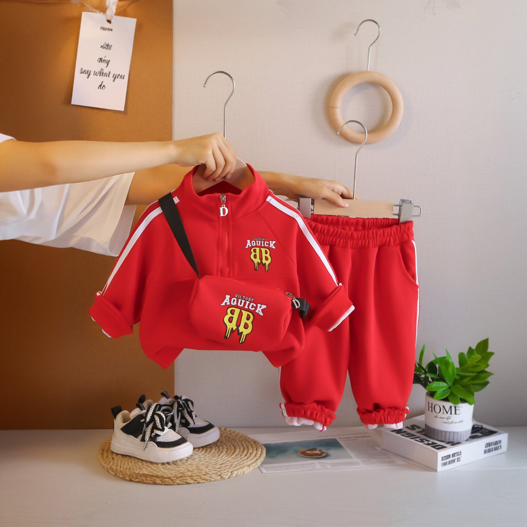 Boys Red Typographic Printed Sweatshirt With Sling Bag and Pants Set Sets Red 1-2 Y
