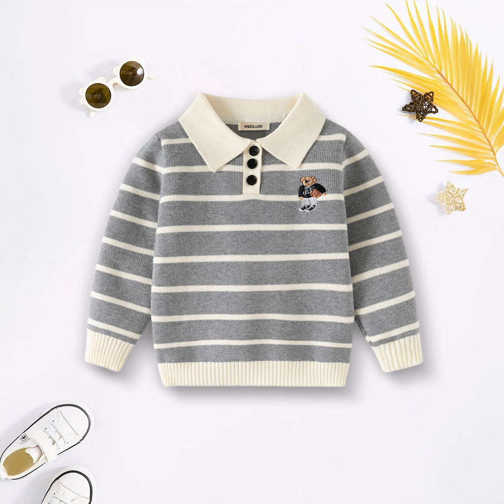 Boys Grey Polo Collar Sweatshirt With Self Design Stripe Patterns Sweaters & Cardigans Grey 2-3 Y