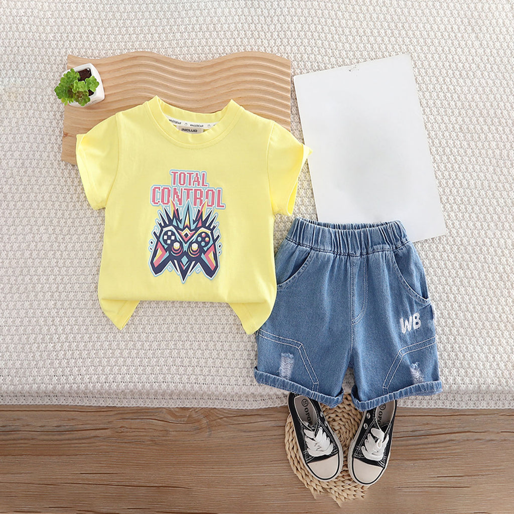 Boys Yellow Joystick Printed Short Sleeves T-Shirt With Denim Shorts Set 2 pc. Sets Yellow 1-2 Y