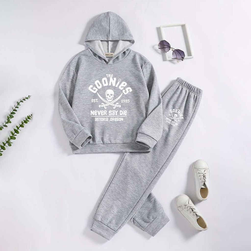 Boys Grey The Goonies Graphics Printed Hooded Sweatshirt With Jogger Co-ord Sets 2 pc. Sets Grey 7-8 Y