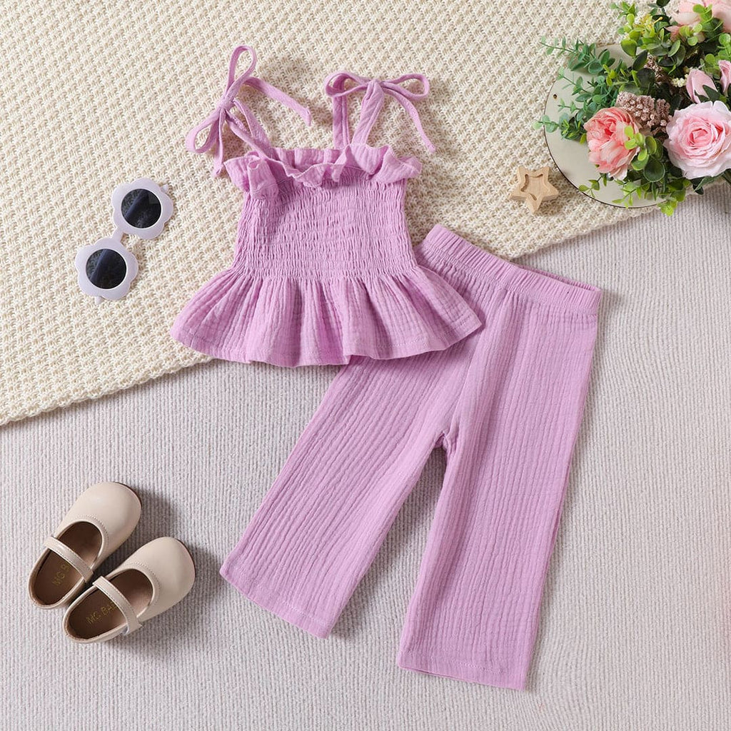 Girls Elasticated Sleeveless Top With Crinkled Pants Set Sets Purple 1-2 Y