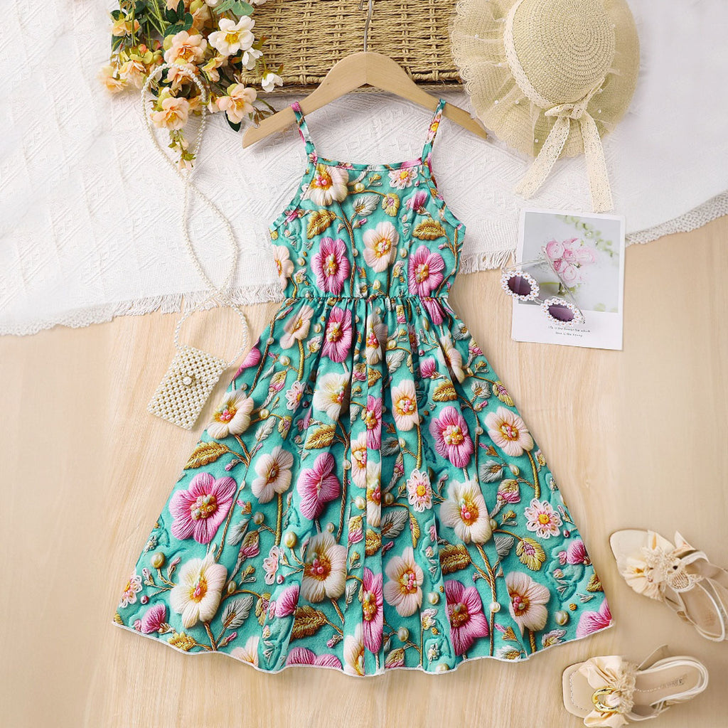 Girls Green Floral Printed Sleeveless Fit & Flare Dress Casual Dresses Green 3-4 Y