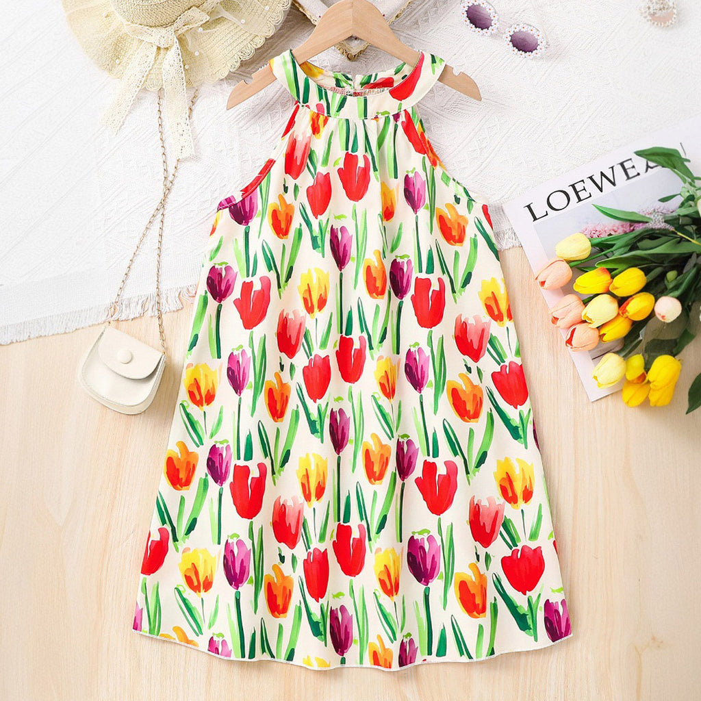 Girls Multicolor Tulip Floral Printed Halter Neck Casual Dress Casual Dresses Multicolor 3-4 Y