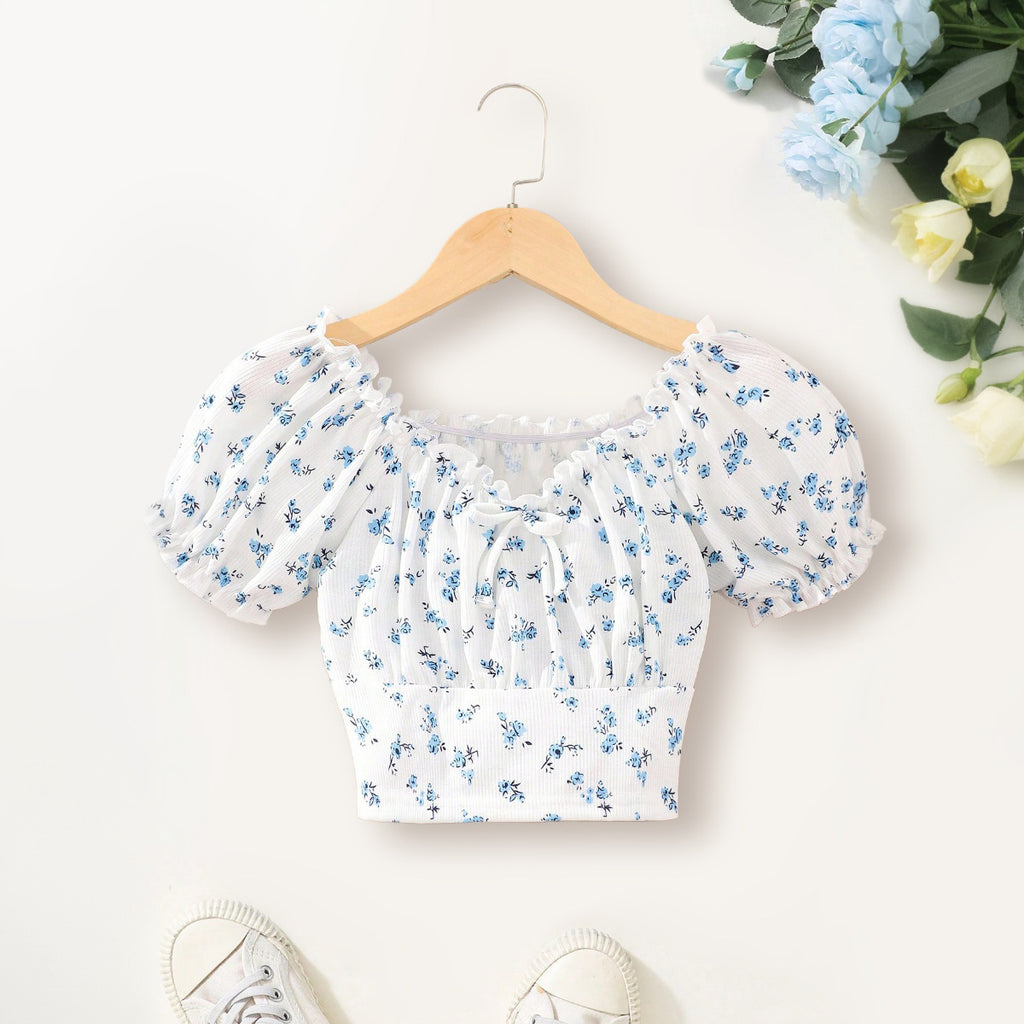 Girls White Floral Printed Raglan Sleeves Top Tops