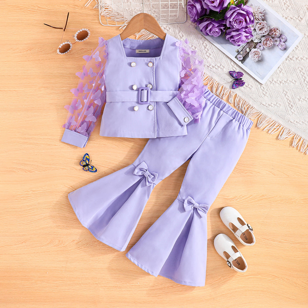 Girls Mauve Butterfly Cutout Applique Sleeve Blazer with Flared Pants Set 2 pc. Sets Purple 2-3 Y