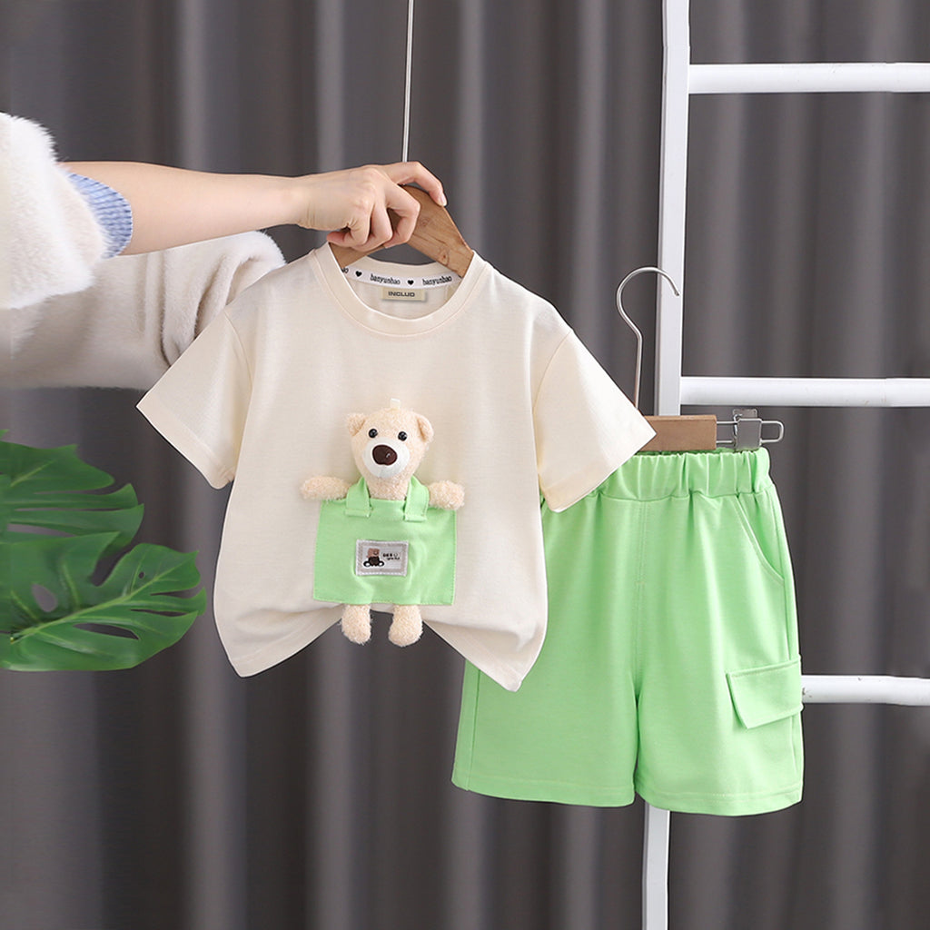 Boys Beige Teddy Applique Short Sleeve T-Shirt With Elasticated Shorts Set 2 pc. Sets Beige 1-2 Y