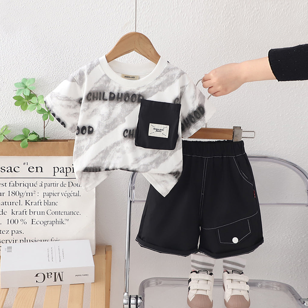 Boys Black Short Sleeves Typographic Printed T-Shirt With Shorts Set 2 pc. Sets Black 1-2 Y