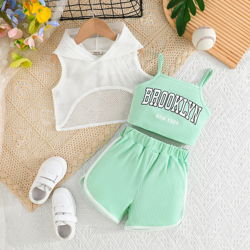 Girls Sea Green Typographic Printed Camisole Top With Tulle Top And Shorts Set 3 pc. Sets Sea Green 3-4 Y