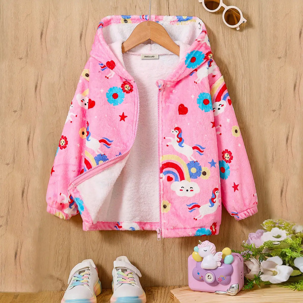 Girls Pink Unicorn Hooded Zipper Fleece Jacket Coats & Jackets Pink 3-4 Y