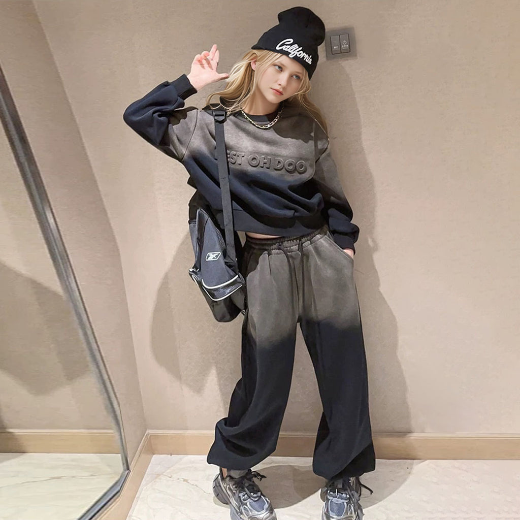 Girls Black Ombre Printed Sweatshirt With Pants Winter Co-ord sets 2 pc. Sets Black 5-6 Y