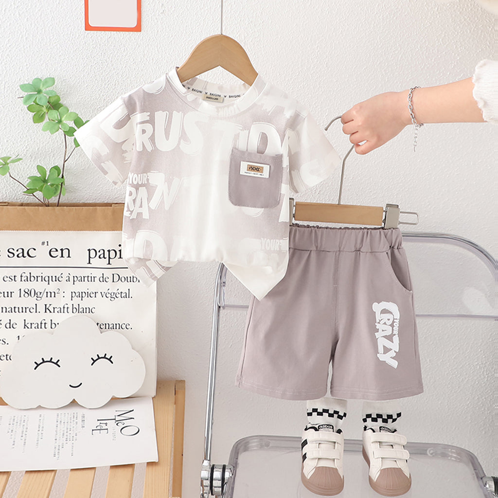 Boys Light Grey Printed Contrast Pocket T-Shirt With Shorts Set 2 pc. Sets