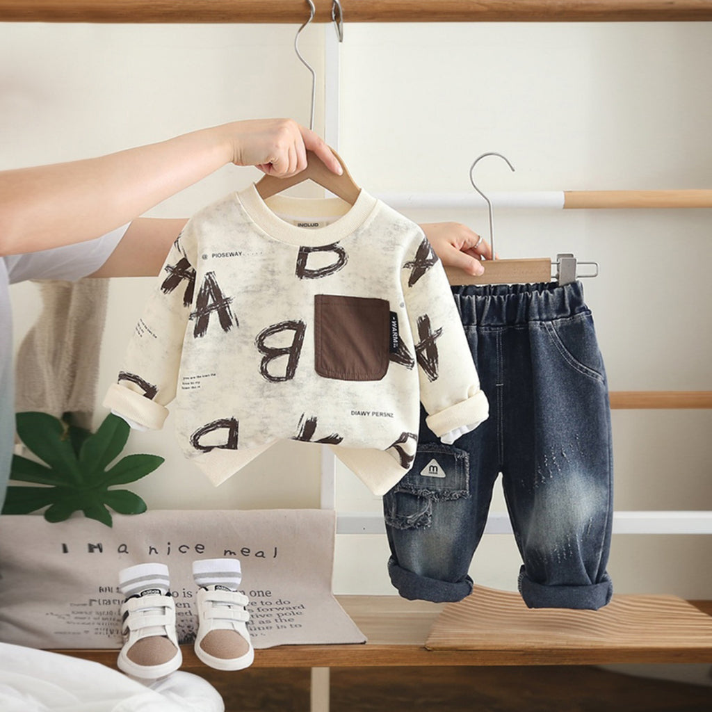 Boys Brown Long Sleeve Typographic Printed Sweatshirt With Denim Trousers Sets 2 pc. Sets Brown 1-2 Y
