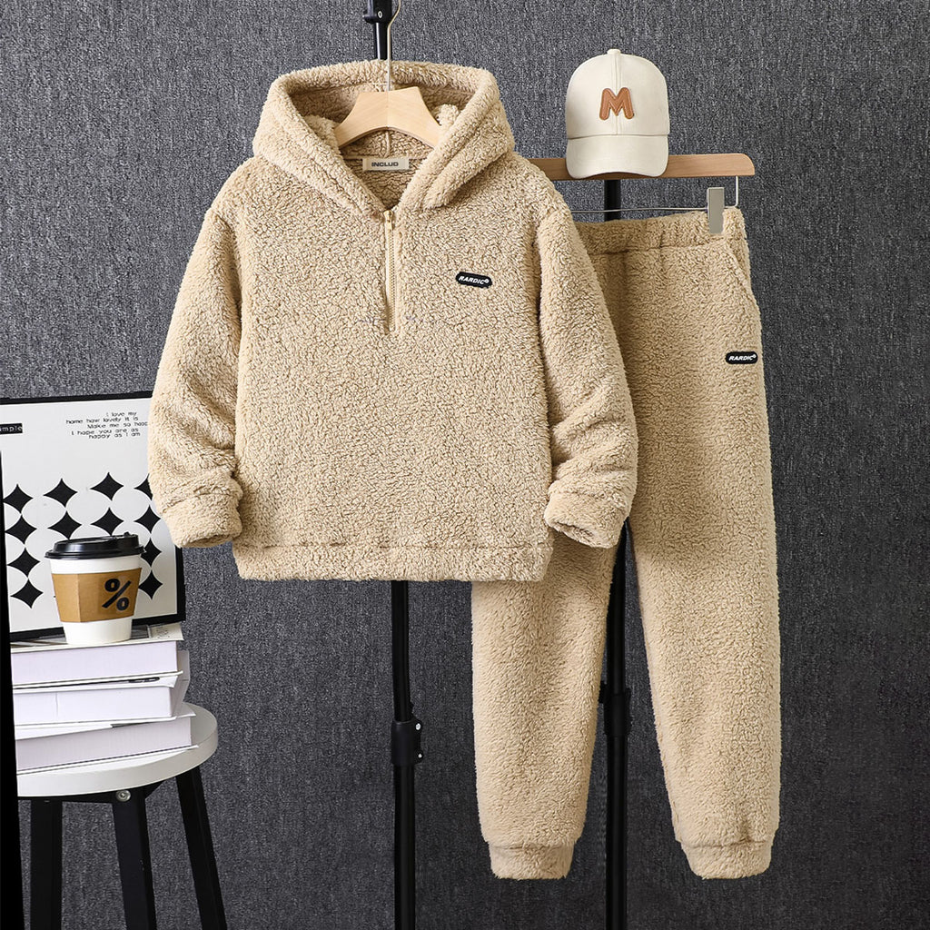 Boys Apricot Hooded Neck Half Zipper Sweatshirt With Jogger Winter Co-ord Set 2 pc. Sets Apricot 7-8 Y