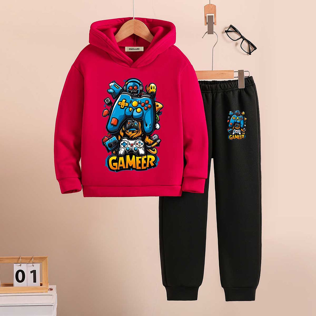 Boys Red Gamer Theme Printed Hooded Sweatshirt With Jogger Set 2 pc. Sets Red 5-6 Y