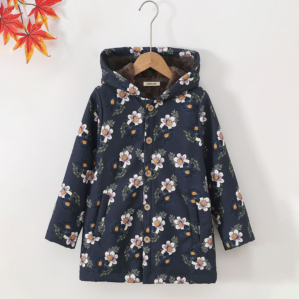Girls Dark Blue Floral Printed Hooded Jacket Coats & Jackets Dark Blue 2-3 Y