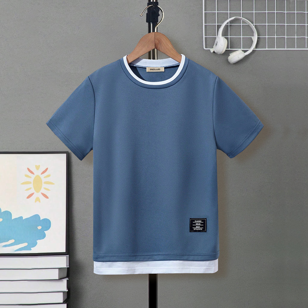 Boys Blue Solid Short Sleeves Bottom Contrast Trimmed T-Shirt Tshirts Blue 7-8 Y