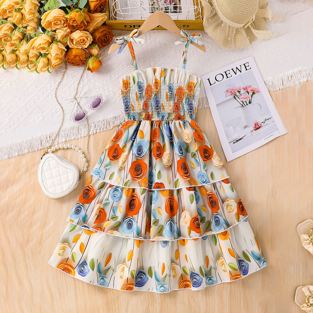 Girls Multicolor Rose Floral Print Sleeveless Smocked Fit & Flare Dress Casual Dresses